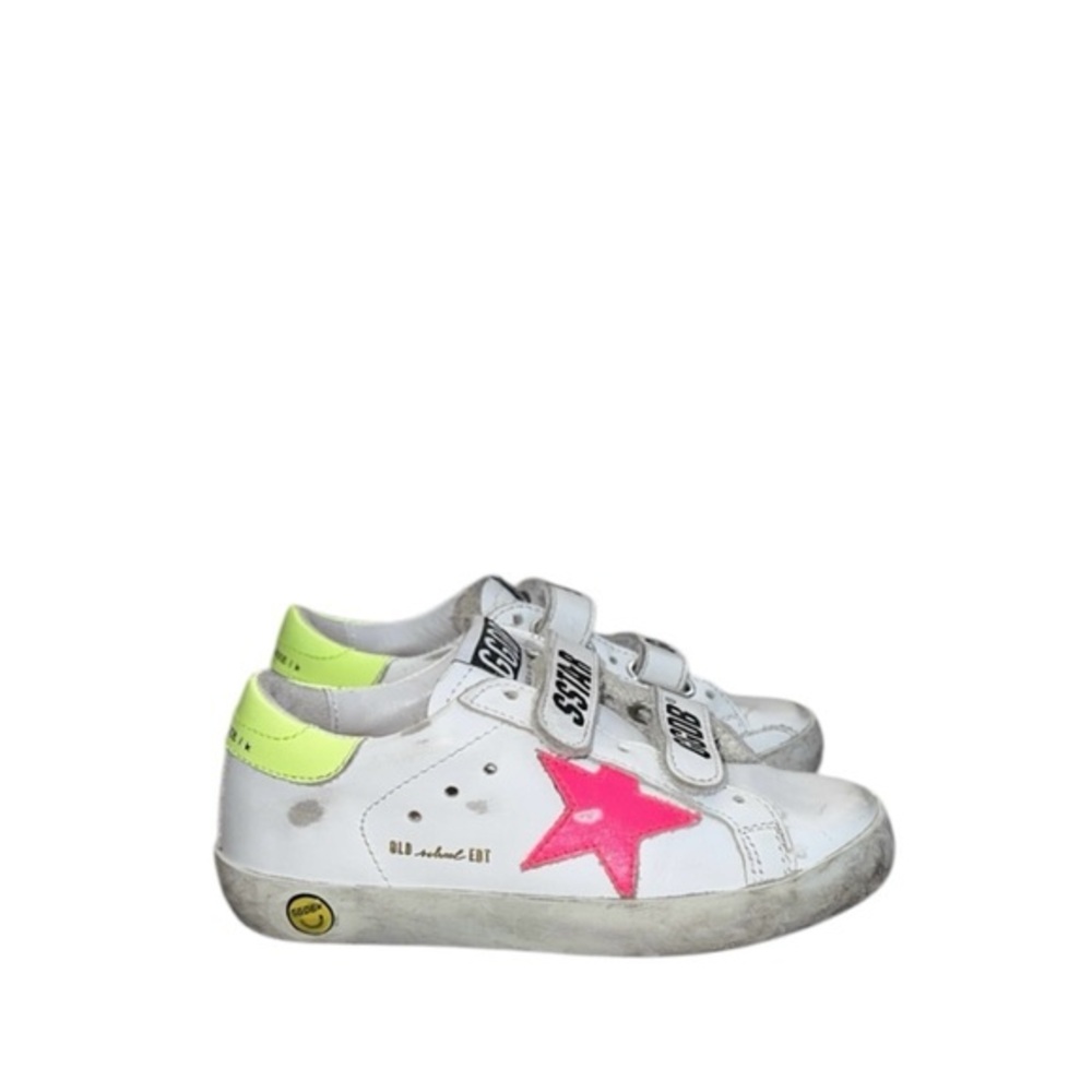 Golden Goose Kids White Sneakers with Hot Pink Star and Neon Yellow Heel Tab
